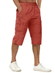 TACVASEN Cotton Shorts Mens Zip Pockets Shorts Cargo Shorts Men 3 4 Sports Shorts Long Army Pants Tactical Capri Trousers Red