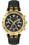 Versace Men's Watch V Race Black Logo Chronograph black leather strap New Box