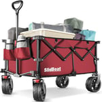 SLIDBEAT Chariot de Plage,Chariot de Transport Pliable avec Roues Pivotantes à 360° de 20 CM de Large,Chariot de Jardin à Poignée à Rebond Automatique avec 2 Porte-gobelets,Tout Terrain,Rouge