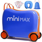 MiniMax 45x36x20cm 29L Kids Ride-On Suitcase 4PCS Set Inc Drawstring Bag, Neck Pillow & 50+ Personalisation Stickers, EasyJet Max Size Childrens Rolling Hand Luggage 6 Year Guarantee (Blue)