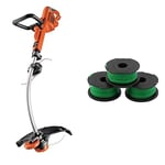 BLACK+DECKER Coupe-Bordures Filaire 900W & Lot de 3 Bobines de Rechange pour Coupe-Bordures, Bobine Reflex Plus A Déroulement Automatique, 3 x 6 m de Fil en Nylon Vert et Résistant, Fil de ⌀2 mm