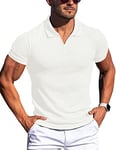 Gnvviwl Men's Muscle V Neck Polo Shirts Slim Fit Solid Short Sleeve Cotton Golf T-Shirts Striped Soft Tees, White, S