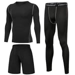 Terecey Ensemble Compression Homme 3 Pièces Tenue de Sport Homme T-Shirt Compression à Manches Longues + Legging Homme Sport + Shorts de Sport pour Running