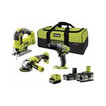 Pack Ryobi 18V One+ - Perceuse-visseuse - Meuleuse - Scie sauteuse pendulaire - 2 batteries - 1 chargeur rapide R18CK3C-252SL