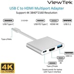 Viewtek USB-C 3-in-1 Adaptateur multiport (USB 3.0 Type C/Thunderbolt 3 vers USB 3.0 + HDMI 4K 30HZ + données USB-C et PD 60W de