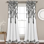 Lush Decor Tanisha Curtains - Light Filtering Window Panel Set, Pair - Floral Vine Print, Beautiful, Modern, Elegant Home Decor - 52" W x 95" L, Black & White