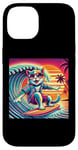 Coque pour iPhone 14 Chat amusant surfeur hawaïen coucher de soleil tropical paradis surfeur