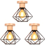 Lot de 3 Rétro Plafonnier Vintage Cage en Métal et Bois E27 Lustre Lampe Plafond pour Couloir Escalier Chambre Noir