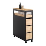 SoBuy Meuble de Rangement Salle de Bain Étroit sur Roulettes, Support Papier Toilette, Armoire Toilettes WC Compact, Rangement Polyvalente, 1 Plateau Amovible et 3 Tiroirs, 24x65x82cm, Noir, BZR54-SCH