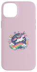 Coque pour iPhone 14 Plus Licorne ludique volant à travers le ciel étoilé avec arc-en-ciel