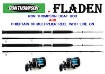 2 RON THOMPSON REFINED 7ft BOAT RODS+CHIEFTAIN 30 MULTIPLIER REELS+30LB LINE ON