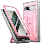 Poetic Revolution Case Compatible with Pixel 7A 5G, Full Body Rugged Shockproof Protective Cover Case with Kickstand, Built-in Screen Protector Work with Fingerprint ID, Light Pink