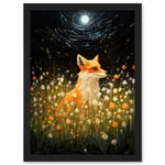 Watching the Fireflies Dance Happy Fox over a Wildflower Meadow Oil Painting Orange White Blue Full Moon Spring Night Dreamy Landscape Artwork Framed