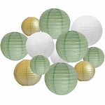 ANSOMO Sage Green White and Gold Paper Lanterns Party Decorations Chinese Japanese Hanging Decorative Birthday Baby Shower Bridal Wedding Greenery Neutral Home Décor 12 Pcs 12" 10" 8" 6"