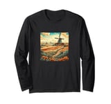 Whet Fields With Windmills Vintage Landscape Graphic Long Sleeve T-Shirt