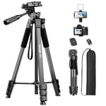 Nineigh Phone Tripod, 63" Lightweight Camera Tripod Stand with Remote, Phone Holder and Carry Bag, Portable Aluminum Travel Tripod for iPhone/Andriod Smartphone/Camera/DSLR