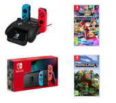 Nintendo Switch Neon Red & Blue, Mario Kart 8 Deluxe, Minecraft & PowerA Controller Charging Station, Red,Blue