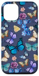 iPhone 13 Pro Butterfly Garden and Floral Pattern on Dark Blue Case