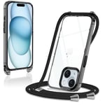 Coque pour iPhone 15 avec Cordon de Collier, Transparente Silicone Housse avec Réglable Lanyard, Anti-Chute Ètuis pour iPhone 15 6.1 Pouces, Bandoulière - Noir