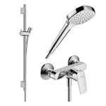 Pack mitigeur douche mécanique HANSGROHE Logis + Barre Unica S Puro + flexible + Pommeau Croma Select E blanc/chromé