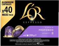 L'OR Espresso Lungo Profondo Coffee Pods X40 Intensity 8 (Pack of 1, Total 40 Ca