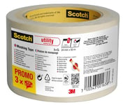 Scotch Utility Masking Tape, Promo Pack of 3 Rolls, 24 mm x 50 m, Beige - Painters Masking Tape for Indoor Painting and Decorating, 70% PEFC