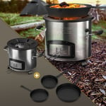 BBQBOSS Four de Camping avec Set de 3 Poêles en Fonte, Argent, Four-Fusée en Acier Inox, Réchaud de Camping à Bois/Charbon de Bois, Rocket Stove à