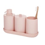 iDesign, Set de Rangement, Accessoire Salle de Bain (4 articles) avec Distributeur Savon, Verre à Dents, Rangement Coton et Tablette en Plastique, Organiseur Salle de Bain, Rose