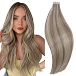 RUNATURE Extension Cheveux Naturel Adhesif Blond Extension Adhesive Cheveux Humain Brun Cendré avec Blond Platine Tape Adhesive Extension Cheveux 22 Pouces/55cm 20 Pièces/50g #19P60