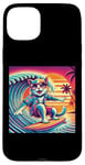 Coque pour iPhone 15 Plus Chat amusant surfeur hawaïen coucher de soleil tropical paradis surfeur