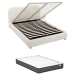 Lit coffre 140 x 190 cm - Tissu bouclette - Blanc + Matelas - vanari