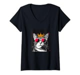 Womens Comedic Cat King with Crown for a Royal Look with Sunglasses V-Neck T-Shirt