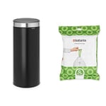 Brabantia - Poubelle Touch Bin unie 30 litres - Noir mat couvercle anti-traces de doigts - 115448 & Sacs Poubelle PerfectFit Blanc Ultra Résistant, Poignées Coulissantes