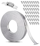 Xespis Collier de Serrage Inox 304, 20m Bande Perforée en Métal + 50 Pièces Fixation, Kit de Colliers de Serrage DIY,Collier Serrage Réglable, pour Tuyaux, Gaz, Eau, Voiture, Machine à Laver, Jardin