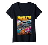 Womens Monster Truck Crushing Cars Tee for Monster Truck Lovers V-Neck T-Shirt