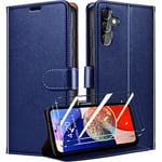 QHOHQ Tenphone Coque pour Samsung Galaxy A14 4G / 5G + 2 Pièces Verre Trempé, Etui Protection Housse Premium en Cuir PU, Antivol, Fermeture Magnétique Flip Case - Bleu