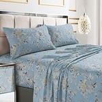 Tribeca Living Parure de lit 4 pièces en Satin de Coton Doux 300 Fils, imprimé Floral avec Poches très Profondes, Bleu Ciel Colmar, Multicolore