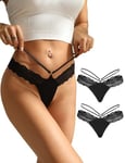 ohmydear String Femme Sexy Chic Tanga Ficelle Slip Femme Entrejambe en Coton Lingerie Hot Dentelle Panties Soie de Glace sous-Vêtements Feminins Grande Taille Culotte Chic Lot de 2 Noir