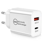 AXFEE Prise Chargeur Rapide 20W, 2 Ports PD et QC3.0, Prise USB C USB Adaptateur Secteur Compatible avec iPhone 14 13 12 11 X iPad AirPods Samsung S22 S21 S20 (sans Fil, Blanc)