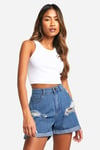 Roll Hem Mid Rise Distressed Denim Shorts