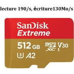 Micro SD SDXC SanDisk Extreme 512 Go Carte Mémoire microSDXC A2 vitesse lecture 190/s, écriture130Mo/s Classe 10 U3 V3