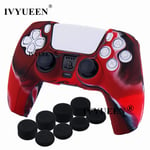 Camo Rouge Et 8 Capuchons - Housse De Protection Pour Manette Sony Playstation 5 Ps5 Ds5, Avec Capuchons De Poignées En Gel Pour Dualshock 5, Coque En Silicone