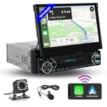 Hikity CarPlay sans Fil 1 Din Autoradio avec 7 Pouces Écran Motorisé, Poste Radio Voiture Bluetooth avec Android Auto FM Radio USB Type-C AUX Caméra de Recul