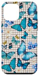 iPhone 12 mini Blue Butterflies on Beige Brown Plaid with Vintage Floral Case