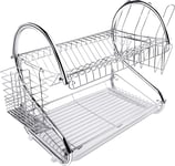 Aryee Two Tier Dish Drainer Rack Silver, Bowls Dishes Plates Cup Holder with Dri