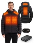 HEWINZE Veste chauffante pour Homme avec Capuche, Doudoune Chaude pour Homme avec Batterie 7,4 V, Veste d'hiver à Double Commande pour randonnée en Plein air Chasse Moto Camping