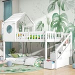 Lit superposé enfant 90x200cm,lit superposé en pin durable avec tiroirs de rangement, lit mezzanine avec escalier et toit,cadre de lit en bois massif