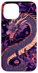 Coque pour iPhone 15 Violet Art Déco Floral Dragon Japonais Samouraï Esthétique