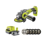 Pack RYOBI meuleuse d'angle brushless 18V One+ - 1 batterie 18V 4.0Ah - 1 chargeur rapide - Kit 6 disques 125 mm