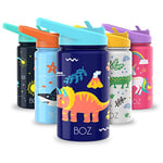 BOZ Gourde Isotherme Enfant avec Paille 414ML, Bouteille d'Eau Anti-fuite pour Boisson Chaude ou Froide | Gourde Inox à Double Paroi Isolante et Motif Anti-rayures Avec Poignée, Sans BPA (Dinosaure)